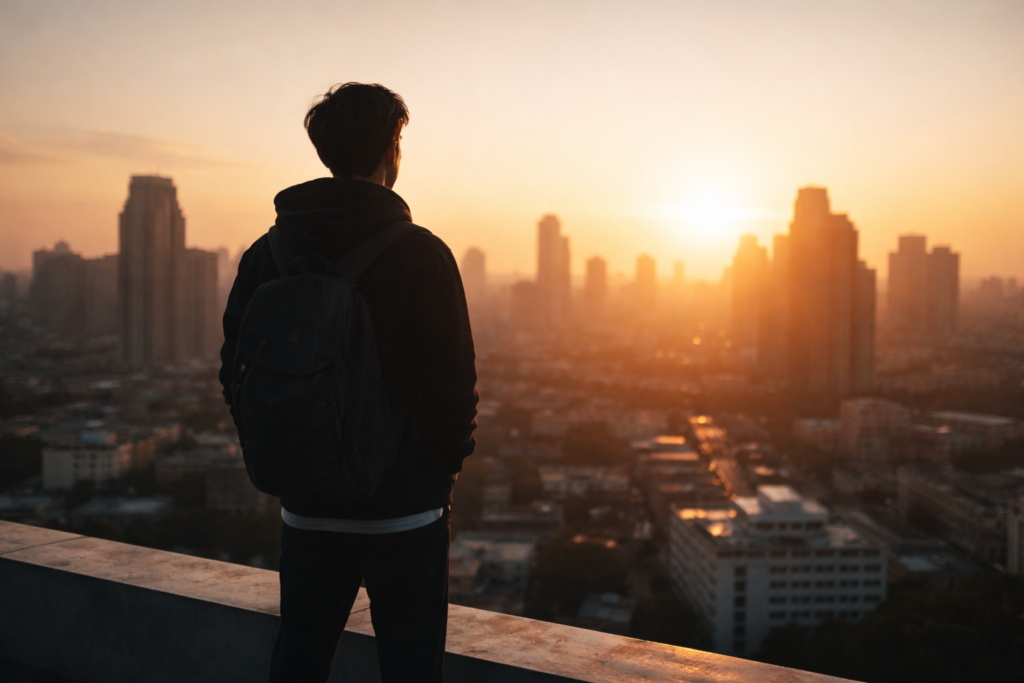 Silhouette of a young adult standing on a rooftop at sunrise, overlooking a city skyline, symbolizing clarity, growth, and direction.
